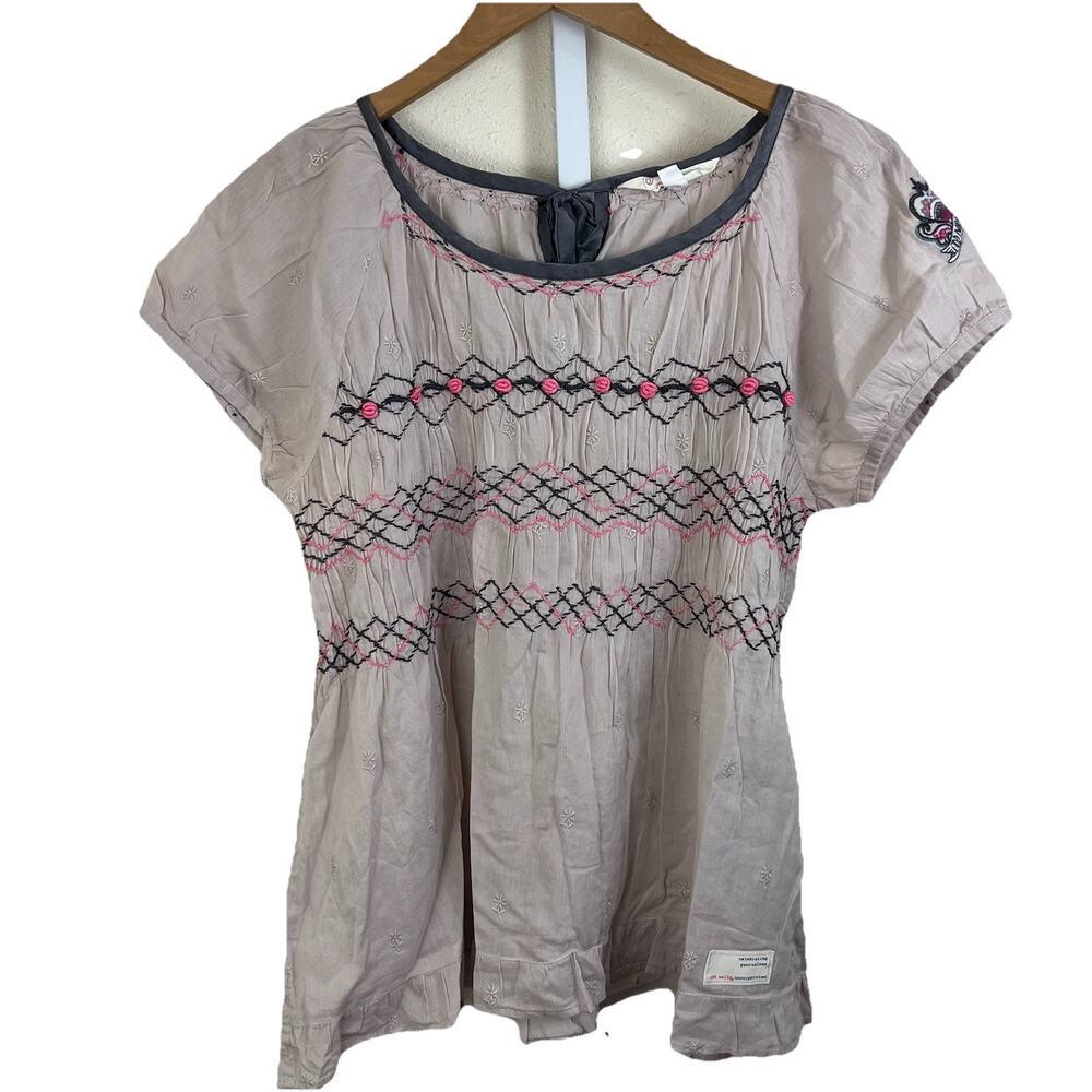 Odd Molly Embroidered Boho Peasant Top Taupe Pink Short Sleeve Size 3 L Large